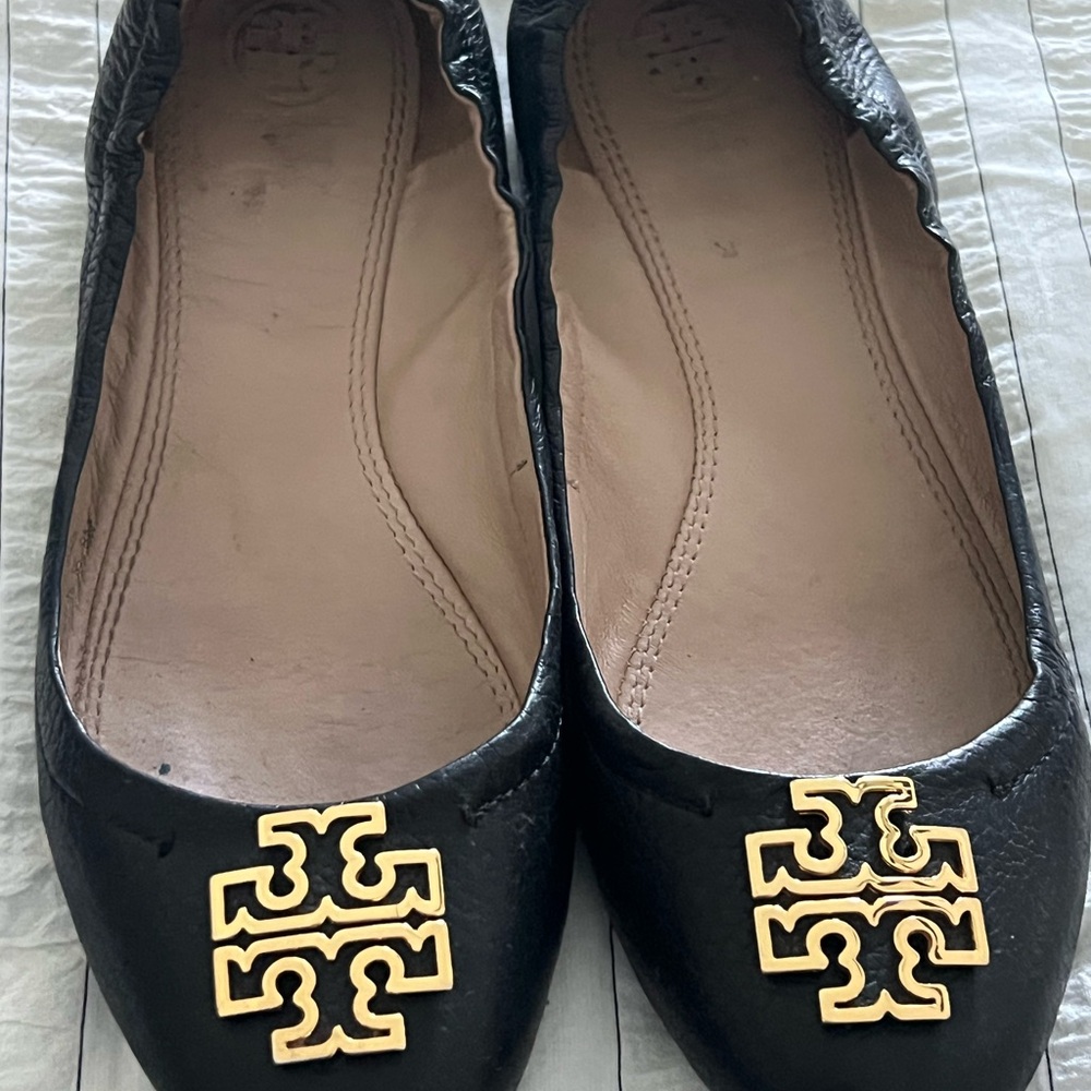 Tory Burch Black Flats with Gold Logo